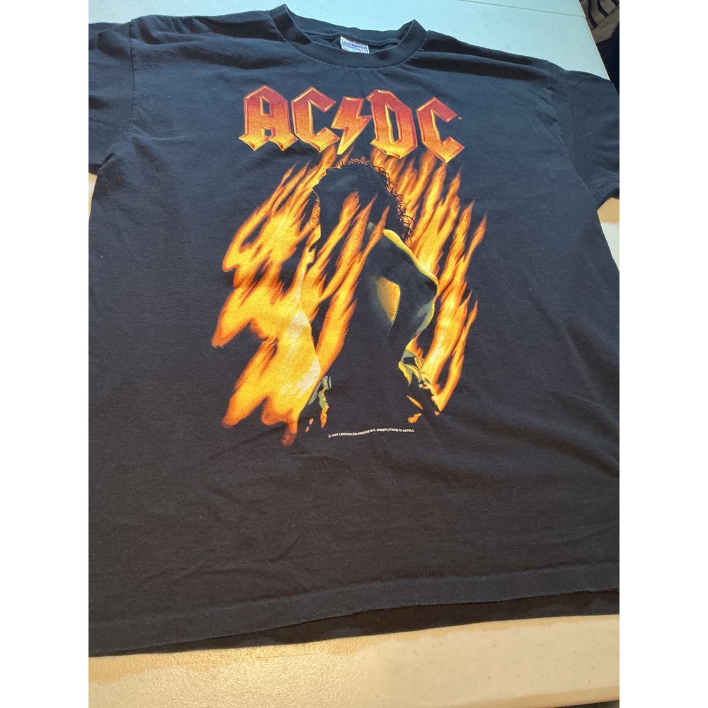 Vintage 1998 AC/DC Angus Young Flames T-Shirt All Sport Events XL Black Rock Tee